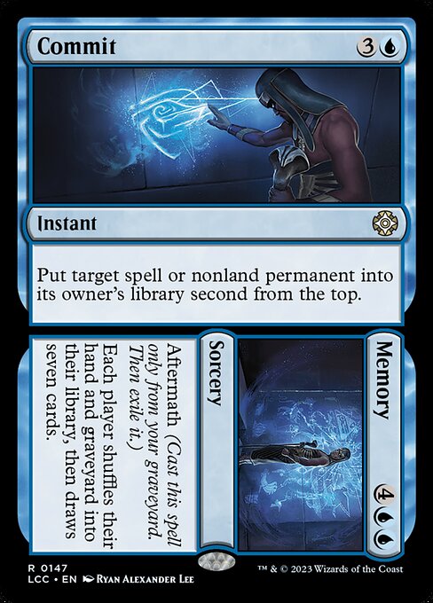 Put target spell or nonland permanent into its owner's library second from the top.   Aftermath (Cast this spell only from your graveyard. Then exile it.)
Each player shuffles their hand and graveyard into their library, then draws seven cards.