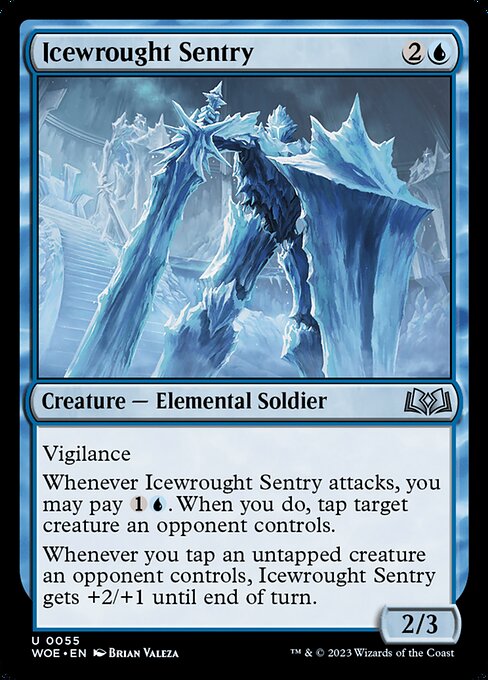 Vigilance
Whenever Icewrought Sentry attacks, you may pay {1}{U}. When you do, tap target creature an opponent controls.
Whenever you tap an untapped creature an opponent controls, Icewrought Sentry gets +2/+1 until end of turn.