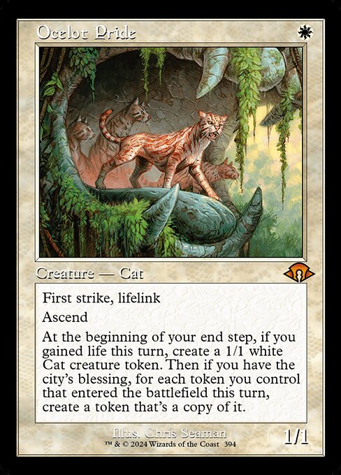 First strike, lifelink
Ascend (If you control ten or more permanents, you get the city's blessing for the rest of the game.)
At the beginning of your end step, if you gained life this turn, create a 1/1 white Cat creature token. Then if you have the city's blessing, for each token you control that entered the battlefield this turn, create a token that's a copy of it.