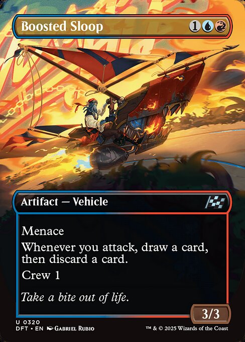 Menace
Whenever you attack, draw a card, then discard a card.
Crew 1 (Tap any number of creatures you control with total power 1 or more: This Vehicle becomes an artifact creature until end of turn.)
