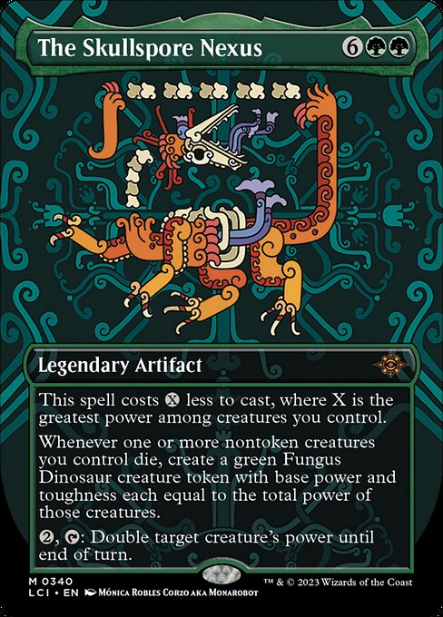 This spell costs {X} less to cast, where X is the greatest power among creatures you control.
Whenever one or more nontoken creatures you control die, create a green Fungus Dinosaur creature token with base power and toughness each equal to the total power of those creatures.
{2}, {T}: Double target creature's power until end of turn.