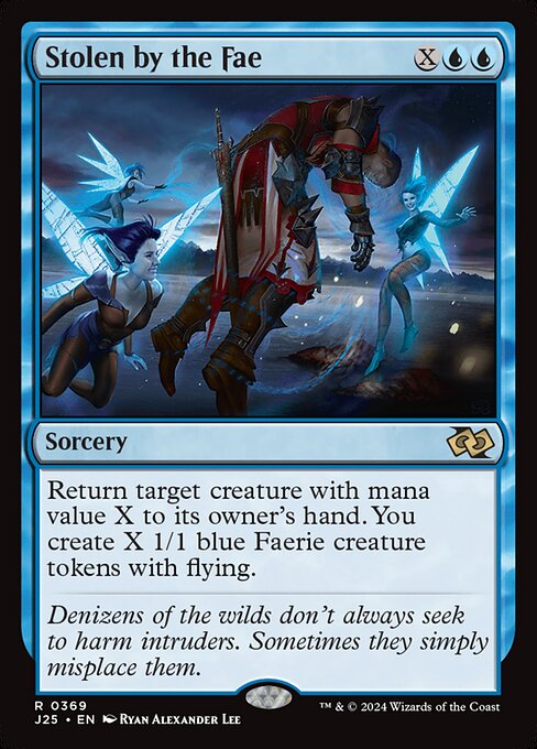 Return target creature with mana value X to its owner's hand. You create X 1/1 blue Faerie creature tokens with flying.