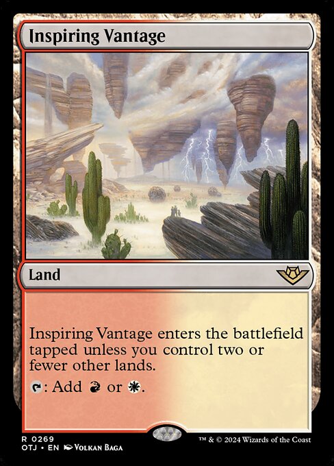Inspiring Vantage enters the battlefield tapped unless you control two or fewer other lands.
{T}: Add {R} or {W}.