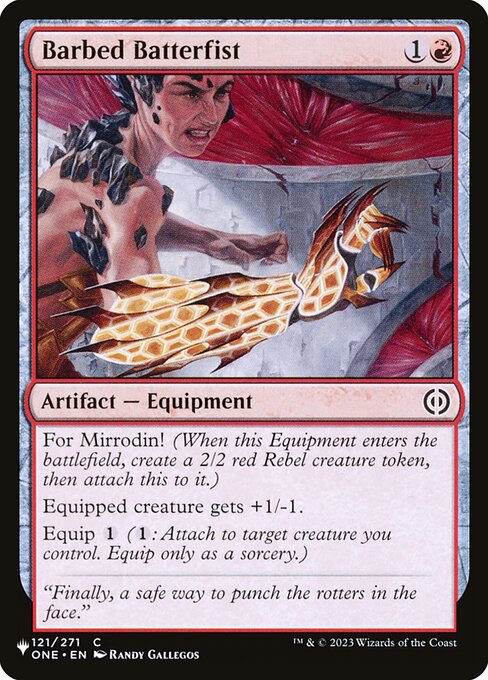 For Mirrodin! (When this Equipment enters, create a 2/2 red Rebel creature token, then attach this to it.)
Equipped creature gets +1/-1.
Equip {1} ({1}: Attach to target creature you control. Equip only as a sorcery.)