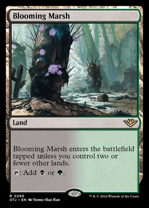 Blooming Marsh enters the battlefield tapped unless you control two or fewer other lands.
{T}: Add {B} or {G}.