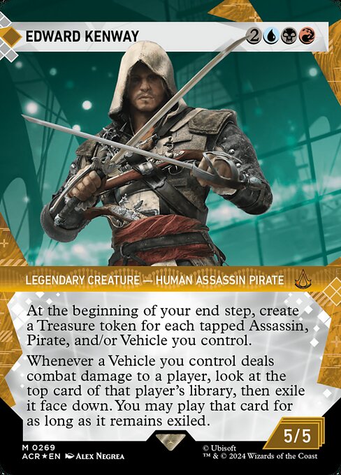 At the beginning of your end step, create a Treasure token for each tapped Assassin, Pirate, and/or Vehicle you control.
Whenever a Vehicle you control deals combat damage to a player, look at the top card of that player's library, then exile it face down. You may play that card for as long as it remains exiled.
