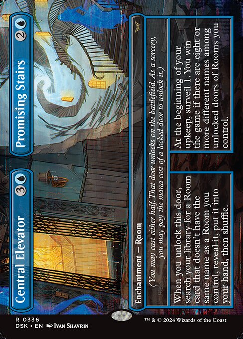 When you unlock this door, search your library for a Room card that doesn't have the same name as a Room you control, reveal it, put it into your hand, then shuffle.
(You may cast either half. That door unlocks on the battlefield. As a sorcery, you may pay the mana cost of a locked door to unlock it.)   At the beginning of your upkeep, surveil 1. You win the game if there are eight or more different names among unlocked doors of Rooms you control.
(You may cast either half. That door unlocks on 
