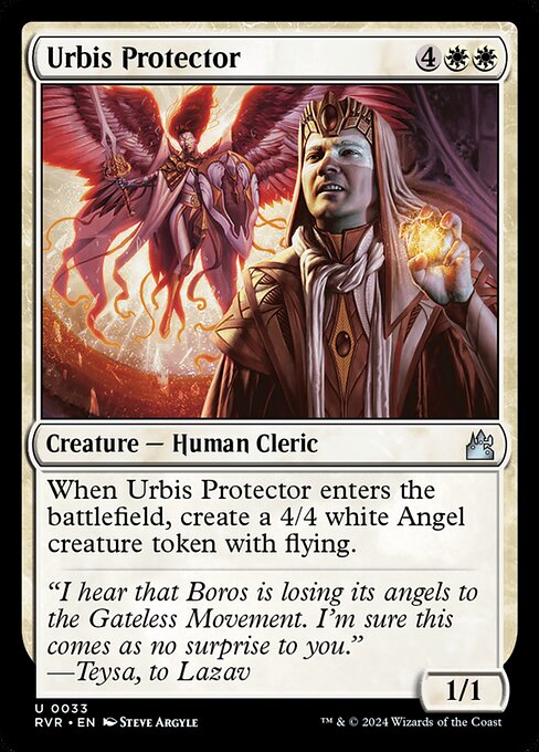 When Urbis Protector enters the battlefield, create a 4/4 white Angel creature token with flying.