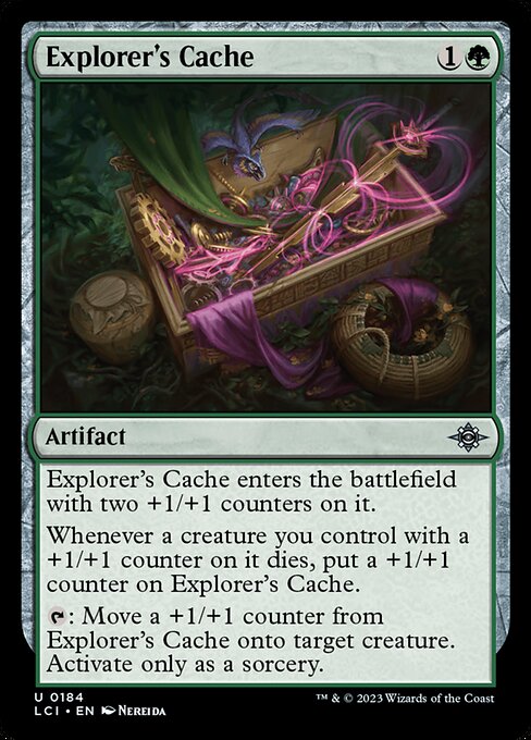 Explorer's Cache enters the battlefield with two +1/+1 counters on it.
Whenever a creature you control with a +1/+1 counter on it dies, put a +1/+1 counter on Explorer's Cache.
{T}: Move a +1/+1 counter from Explorer's Cache onto target creature. Activate only as a sorcery.