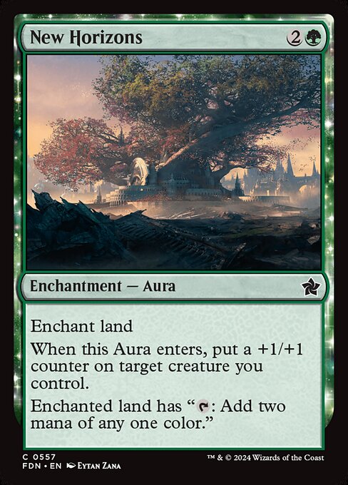 Enchant land
When this Aura enters, put a +1/+1 counter on target creature you control.
Enchanted land has "{T}: Add two mana of any one color."
