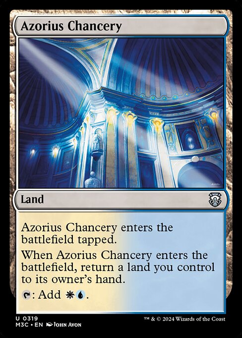 Azorius Chancery enters tapped.
When Azorius Chancery enters, return a land you control to its owner's hand.
{T}: Add {W}{U}.