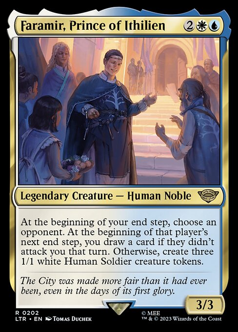 At the beginning of your end step, choose an opponent. At the beginning of that player's next end step, you draw a card if they didn't attack you that turn. Otherwise, create three 1/1 white Human Soldier creature tokens.