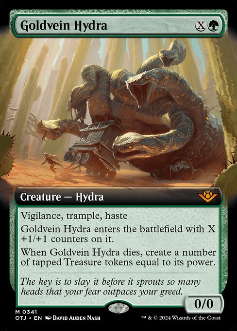 Vigilance, trample, haste
Goldvein Hydra enters the battlefield with X +1/+1 counters on it.
When Goldvein Hydra dies, create a number of tapped Treasure tokens equal to its power.