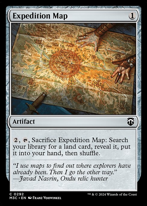 {2}, {T}, Sacrifice Expedition Map: Search your library for a land card, reveal it, put it into your hand, then shuffle.