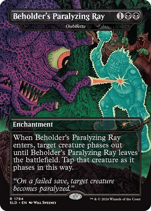 When Oubliette enters, target creature phases out until Oubliette leaves the battlefield. Tap that creature as it phases in this way. (Auras and Equipment phase out with it. While permanents are phased out, they're treated as though they don't exist.)