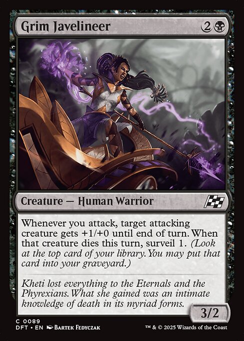 Whenever you attack, target attacking creature gets +1/+0 until end of turn. When that creature dies this turn, surveil 1. (Look at the top card of your library. You may put that card into your graveyard.)