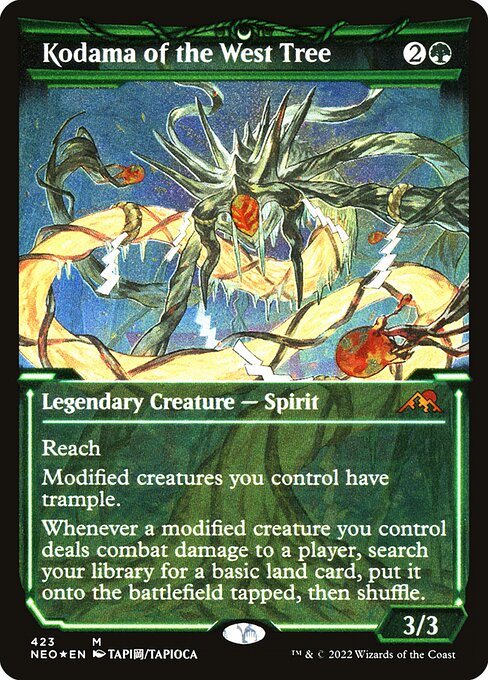 Reach
Modified creatures you control have trample. (Equipment, Auras you control, and counters are modifications.)
Whenever a modified creature you control deals combat damage to a player, search your library for a basic land card, put it onto the battlefield tapped, then shuffle.