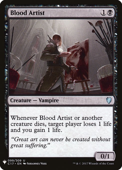 Whenever Blood Artist or another creature dies, target player loses 1 life and you gain 1 life.