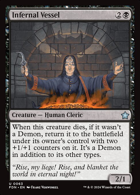 When this creature dies, if it wasn't a Demon, return it to the battlefield under its owner's control with two +1/+1 counters on it. It's a Demon in addition to its other types.