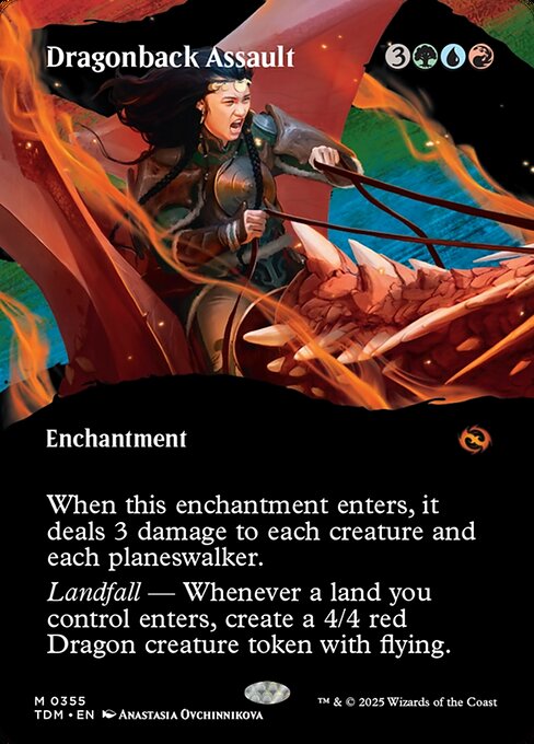 When this enchantment enters, it deals 3 damage to each creature and each planeswalker.
Landfall — Whenever a land you control enters, create a 4/4 red Dragon creature token with flying.