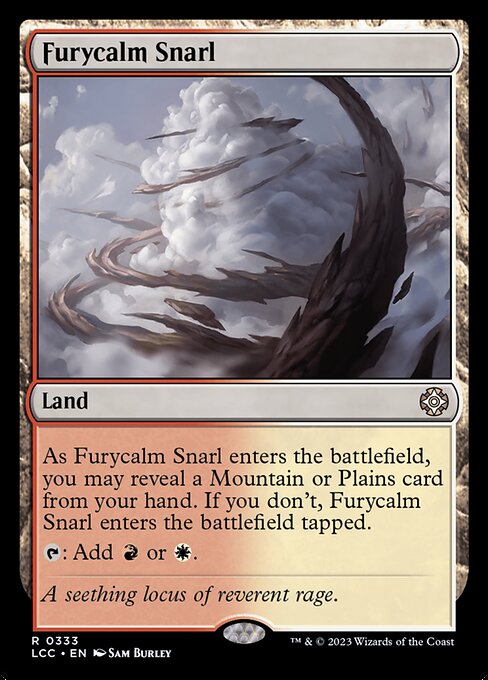 As this land enters, you may reveal a Mountain or Plains card from your hand. If you don't, this land enters tapped.
{T}: Add {R} or {W}.