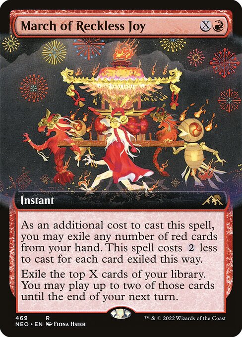 As an additional cost to cast this spell, you may exile any number of red cards from your hand. This spell costs {2} less to cast for each card exiled this way.
Exile the top X cards of your library. You may play up to two of those cards until the end of your next turn.