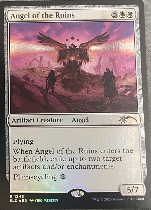 Flying
When Angel of the Ruins enters the battlefield, exile up to two target artifacts and/or enchantments.
Plainscycling {2} ({2}, Discard this card: Search your library for a Plains card, reveal it, put it into your hand, then shuffle.)