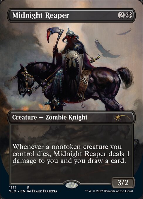 Whenever a nontoken creature you control dies, Midnight Reaper deals 1 damage to you and you draw a card.