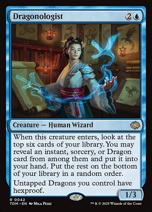When this creature enters, look at the top six cards of your library. You may reveal an instant, sorcery, or Dragon card from among them and put it into your hand. Put the rest on the bottom of your library in a random order.
Untapped Dragons you control have hexproof.