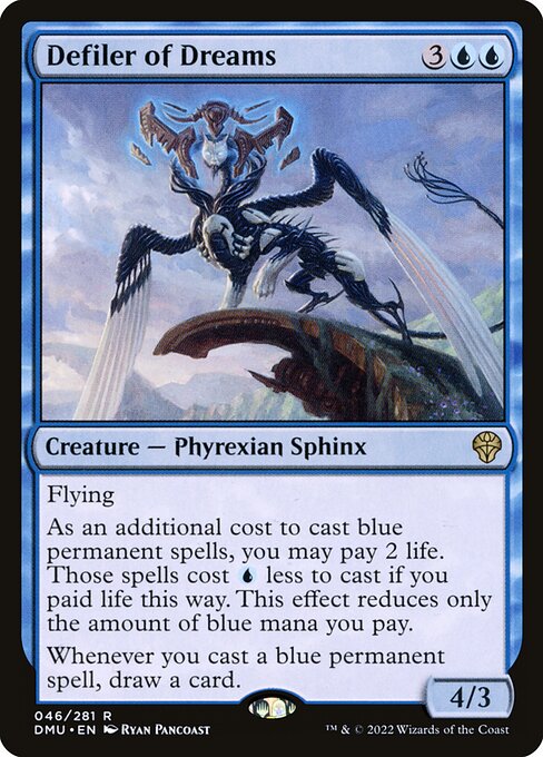 Flying
As an additional cost to cast blue permanent spells, you may pay 2 life. Those spells cost {U} less to cast if you paid life this way. This effect reduces only the amount of blue mana you pay.
Whenever you cast a blue permanent spell, draw a card.