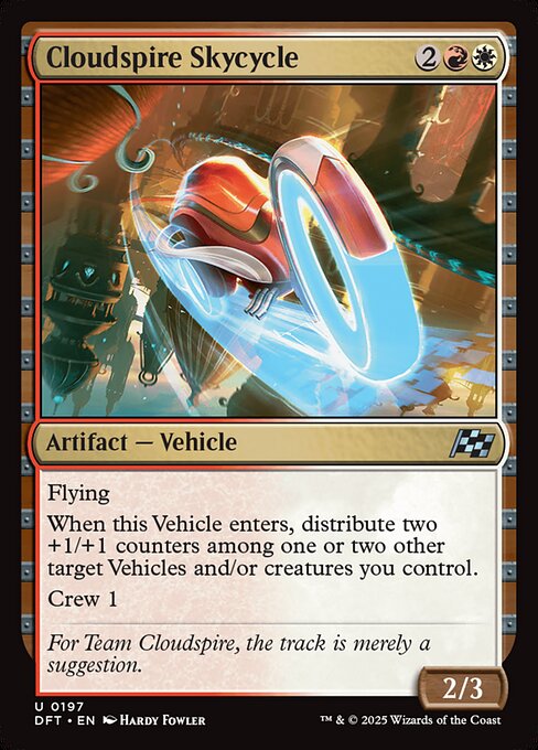 Flying
When this Vehicle enters, distribute two +1/+1 counters among one or two other target Vehicles and/or creatures you control.
Crew 1