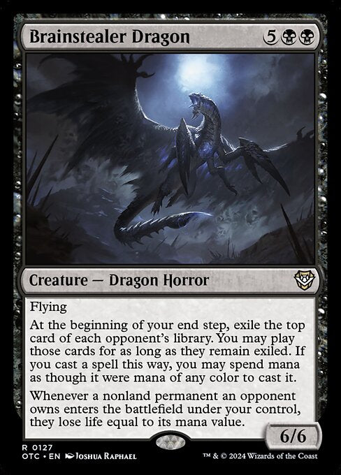Flying
At the beginning of your end step, exile the top card of each opponent's library. You may play those cards for as long as they remain exiled. If you cast a spell this way, you may spend mana as though it were mana of any color to cast it.
Whenever a nonland permanent an opponent owns enters the battlefield under your control, they lose life equal to its mana value.