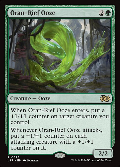 When Oran-Rief Ooze enters, put a +1/+1 counter on target creature you control.
Whenever Oran-Rief Ooze attacks, put a +1/+1 counter on each attacking creature with a +1/+1 counter on it.
