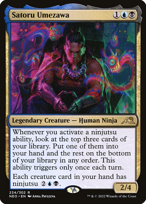 Whenever you activate a ninjutsu ability, look at the top three cards of your library. Put one of them into your hand and the rest on the bottom of your library in any order. This ability triggers only once each turn.
Each creature card in your hand has ninjutsu {2}{U}{B}.