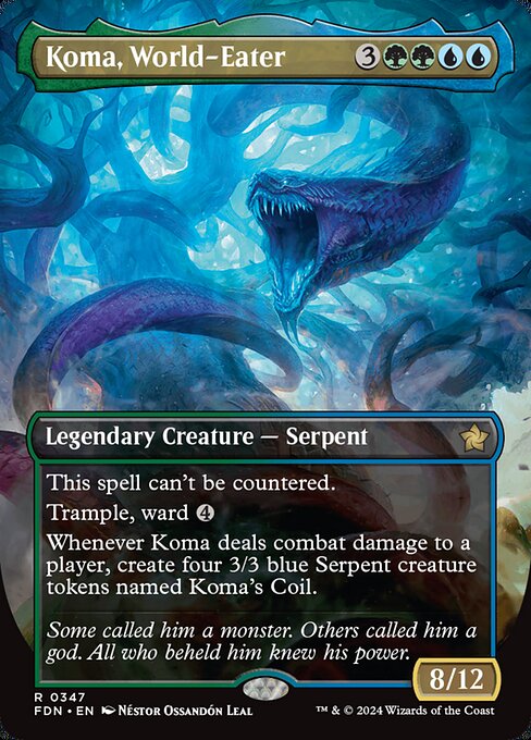 This spell can't be countered.
Trample, ward {4}
Whenever Koma deals combat damage to a player, create four 3/3 blue Serpent creature tokens named Koma's Coil.