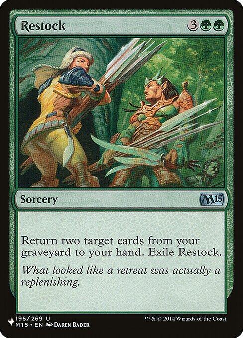 Return two target cards from your graveyard to your hand. Exile Restock.