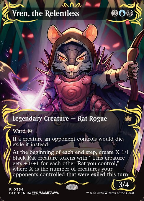 Ward {2}
If a creature an opponent controls would die, exile it instead.
At the beginning of each end step, create X 1/1 black Rat creature tokens with "This creature gets +1/+1 for each other Rat you control," where X is the number of creatures your opponents controlled that were exiled this turn.