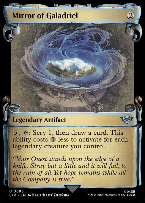 {5}, {T}: Scry 1, then draw a card. This ability costs {1} less to activate for each legendary creature you control.