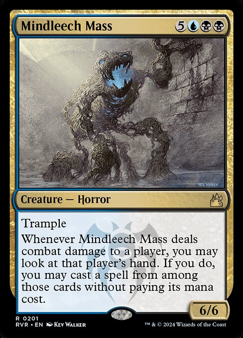 Trample
Whenever Mindleech Mass deals combat damage to a player, you may look at that player's hand. If you do, you may cast a spell from among those cards without paying its mana cost.