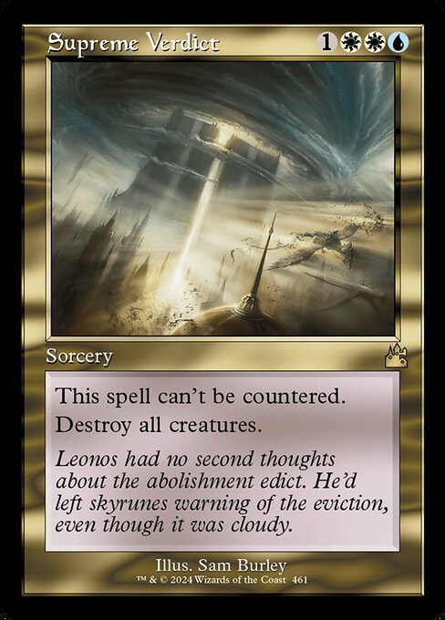 This spell can't be countered.
Destroy all creatures.