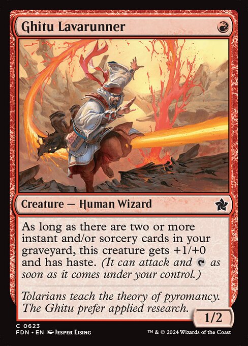 As long as there are two or more instant and/or sorcery cards in your graveyard, this creature gets +1/+0 and has haste. (It can attack and {T} as soon as it comes under your control.)