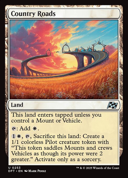 This land enters tapped unless you control a Mount or Vehicle.
{T}: Add {W}.
{1}{W}, {T}, Sacrifice this land: Create a 1/1 colorless Pilot creature token with "This token saddles Mounts and crews Vehicles as though its power were 2 greater." Activate only as a sorcery.