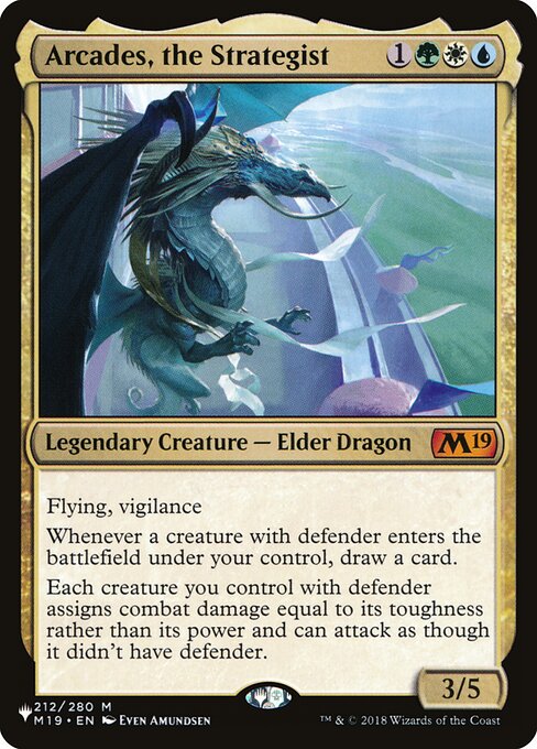 Flying, vigilance
Whenever a creature you control with defender enters, draw a card.
Each creature you control with defender assigns combat damage equal to its toughness rather than its power and can attack as though it didn't have defender.