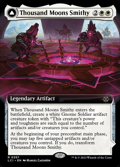 When Thousand Moons Smithy enters the battlefield, create a white Gnome Soldier artifact creature token with "This creature's power and toughness are each equal to the number of artifacts and/or creatures you control."
At the beginning of your precombat main phase, you may tap five untapped artifacts and/or creatures you control. If you do, transform Thousand Moons Smithy.   (Transforms from Thousand Moons Smithy.)
{T}: Add {W}.
Whenever you cast an artifact or creature spell using mana produced
