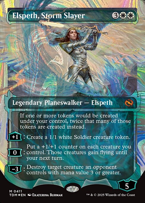 If one or more tokens would be created under your control, twice that many of those tokens are created instead.
+1: Create a 1/1 white Soldier creature token.
0: Put a +1/+1 counter on each creature you control. Those creatures gain flying until your next turn.
−3: Destroy target creature an opponent controls with mana value 3 or greater.