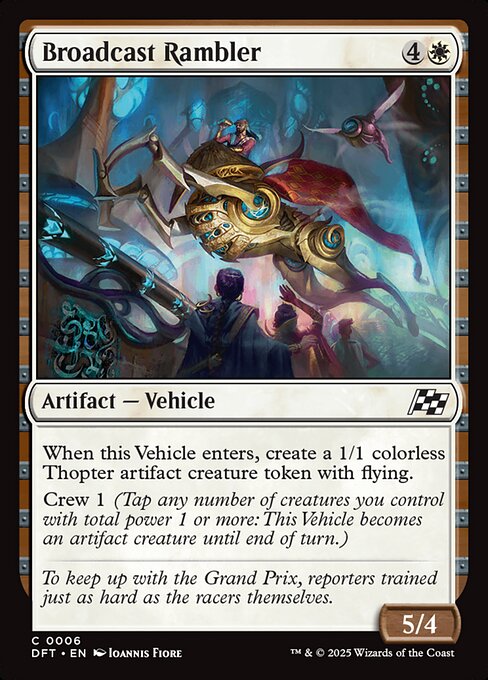 When this Vehicle enters, create a 1/1 colorless Thopter artifact creature token with flying.
Crew 1 (Tap any number of creatures you control with total power 1 or more: This Vehicle becomes an artifact creature until end of turn.)