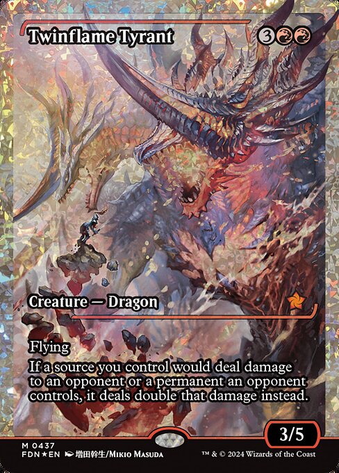 Flying
If a source you control would deal damage to an opponent or a permanent an opponent controls, it deals double that damage instead.