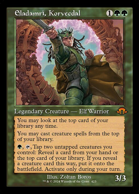 You may look at the top card of your library any time.
You may cast creature spells from the top of your library.
{G}, {T}, Tap two untapped creatures you control: Reveal a card from your hand or the top card of your library. If you reveal a creature card this way, put it onto the battlefield. Activate only during your turn.