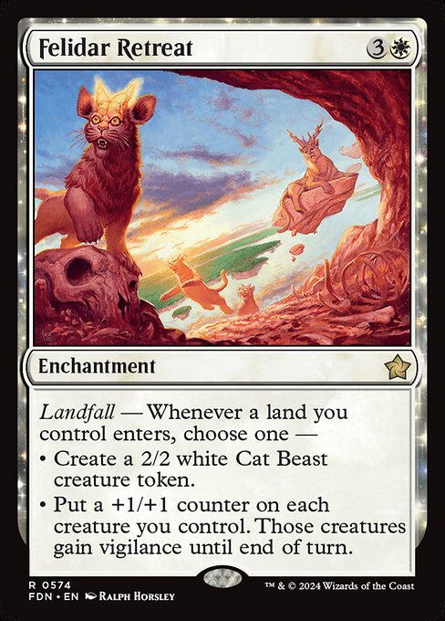 Landfall — Whenever a land you control enters, choose one —
• Create a 2/2 white Cat Beast creature token.
• Put a +1/+1 counter on each creature you control. Those creatures gain vigilance until end of turn.