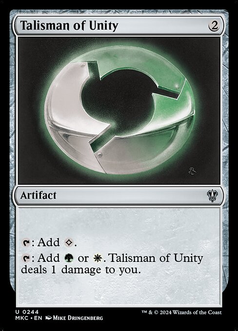 {T}: Add {C}.
{T}: Add {G} or {W}. Talisman of Unity deals 1 damage to you.